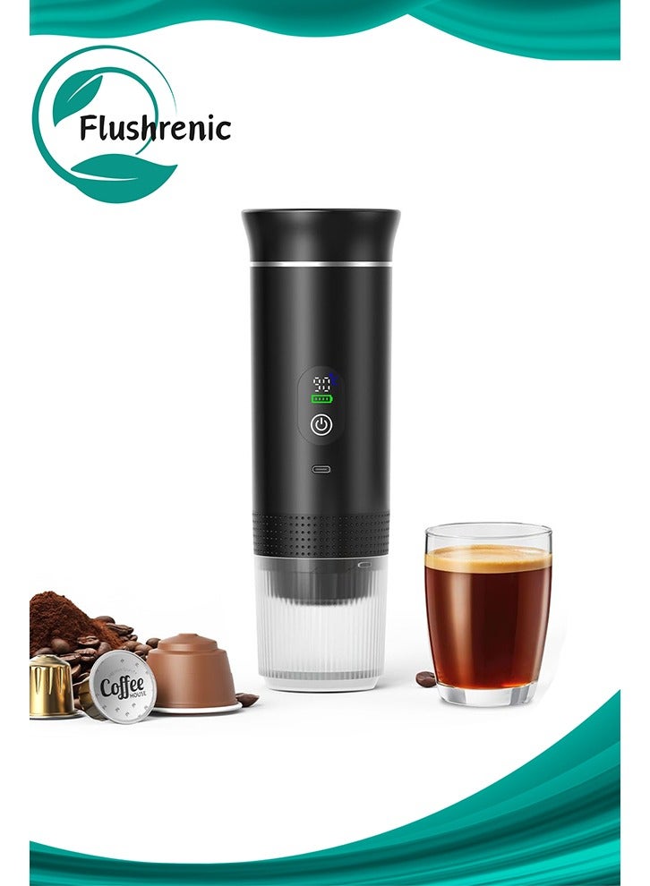 فلوشرينيك ماكينة قهوة محمولة،  ماكينة إسبرسو كهربائية للسفر مزودة بشاشة رقمية،  80 مل، وظيفة الماء الساخن، متوافقة مع طحن القهوة وماكينة قهوة الكبسولات للسيارات، مناسبة للمركبات الترفيهية والمشي لمسافات طويلة والتخييم والمكتب والسفر - Image 1